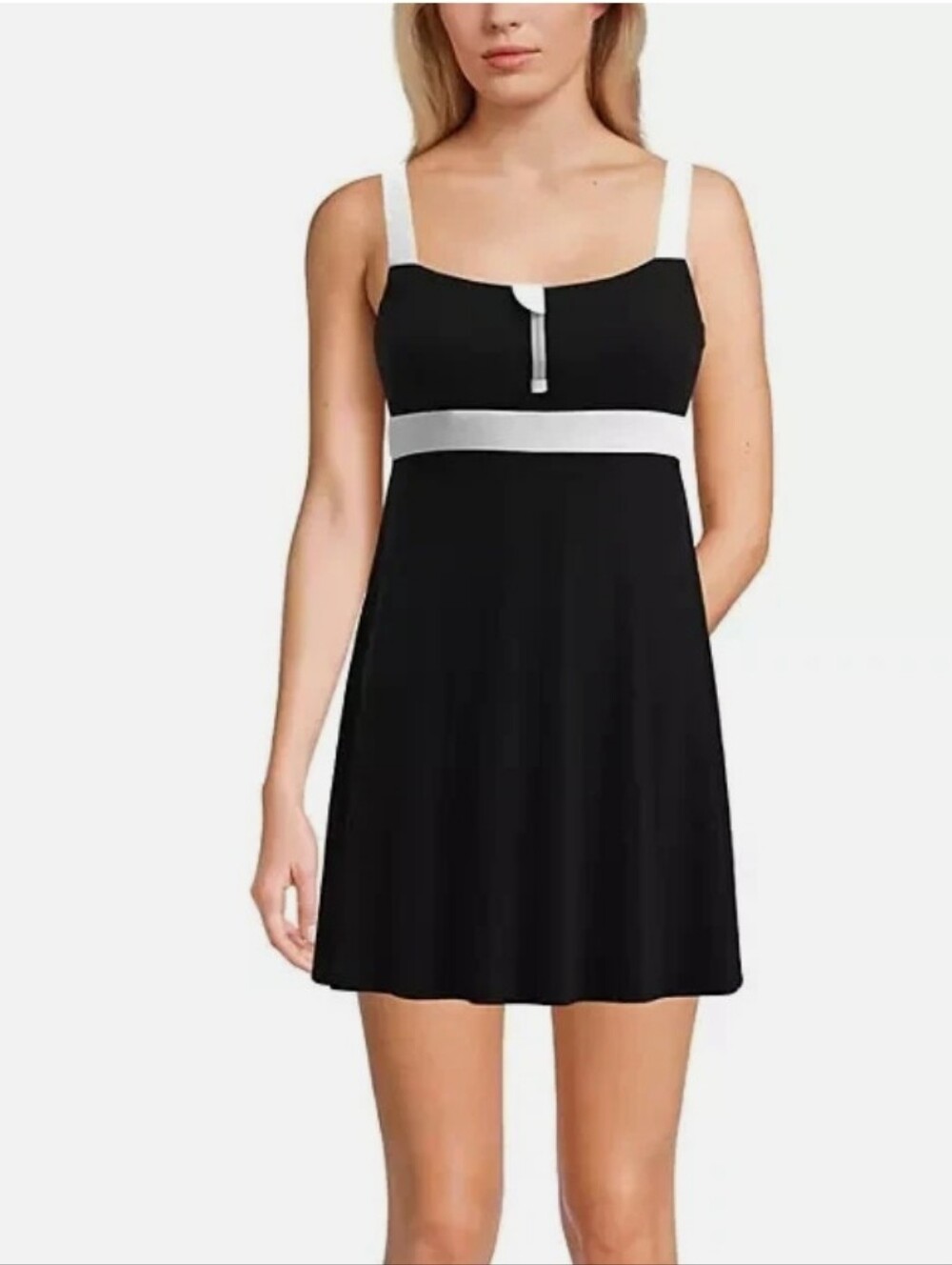 Lands' End Black Swim Dress with White Contrast Trim Size: L